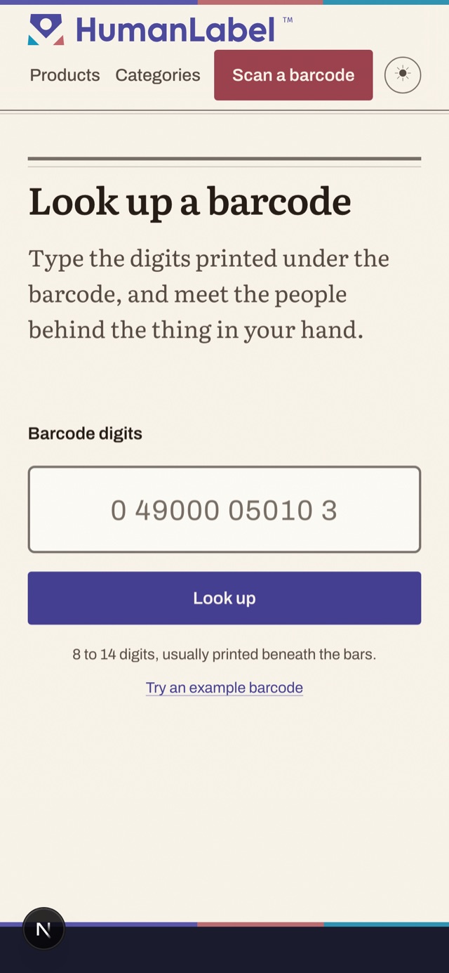 Barcode lookup on a phone: 'Look up a barcode — type the digits printed under the barcode, and meet the people behind the thing in your hand.'