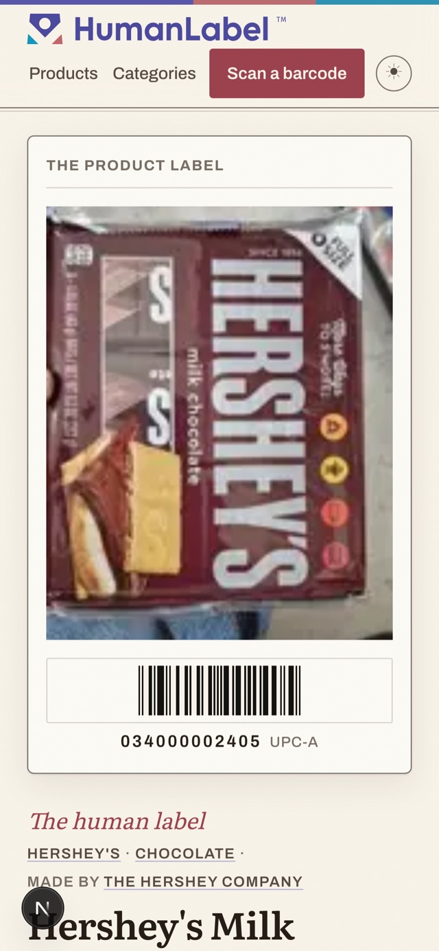 The Hershey's story page on a phone: the human label reads down a single column, built for one hand in a store aisle.